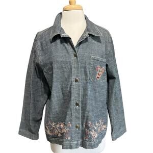 Sag Harbor Railroad Stripe Jean Jacket Womens XL Casual Embroidered Denim